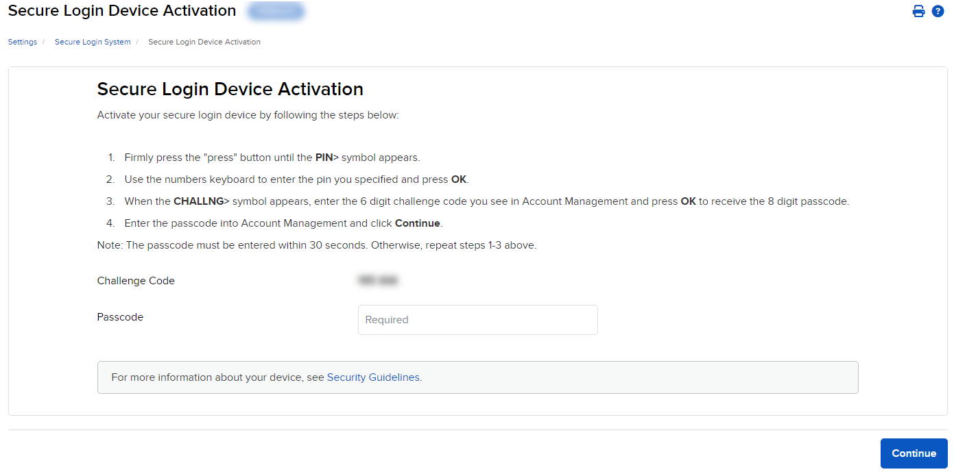 The secure login device activation panel in portal. 